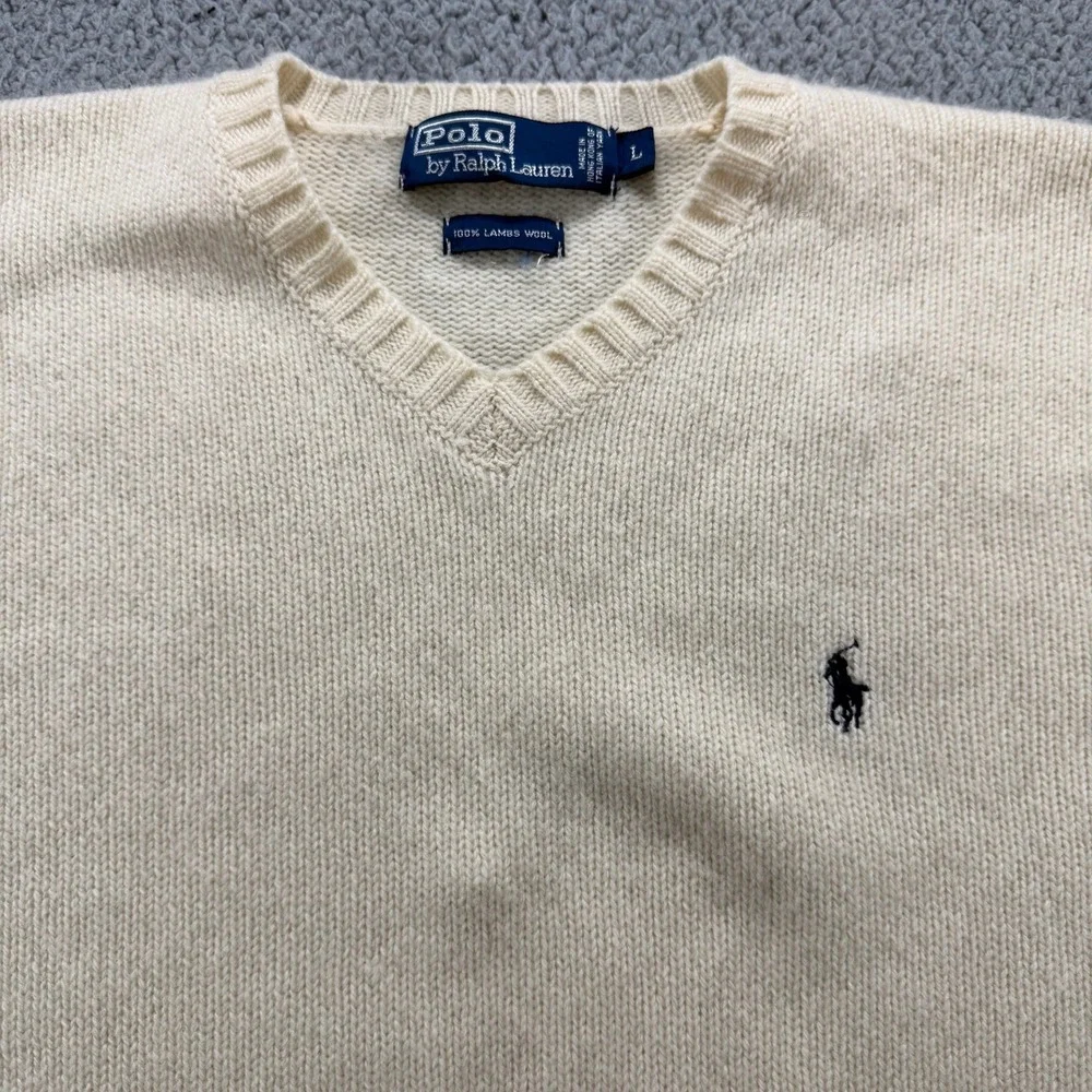Polo Ralph Lauren Mens Cream 100% Lambswool V-Neck Pony Logo Sweater Large